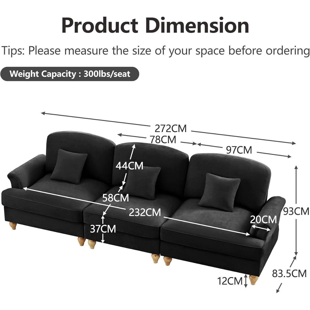 Modulares Sofa 3-Sitzer & 2-Sitzer mit Rüschenschürze, Schwarz
