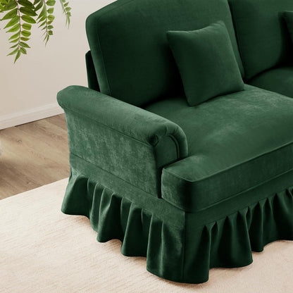 Mittelalter Ecksofa 3-Sitzer mit Ottomane & Rüschenschürze, Grün