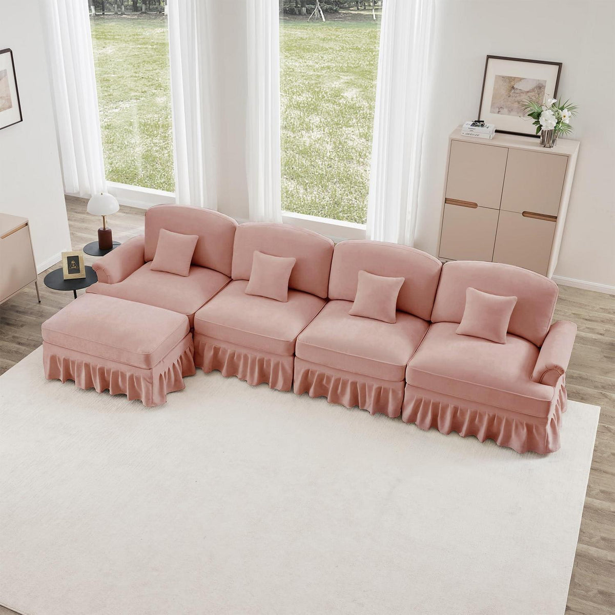 L-förmiges Ecksofa Mittelalter Stil, Rosa, 4-Sitzer mit Ottomane