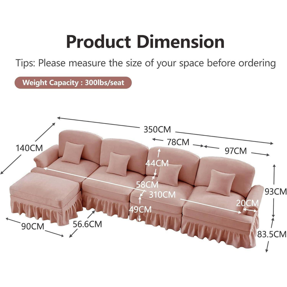 L-förmiges Ecksofa Mittelalter Stil, Rosa, 4-Sitzer mit Ottomane