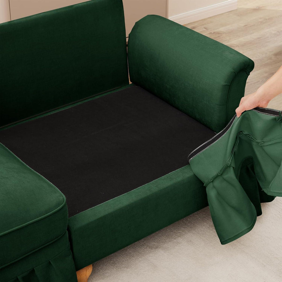 3-Sitzer Sofa Mittelalter-Modern, Grün mit Rüschenschürze & Kissen