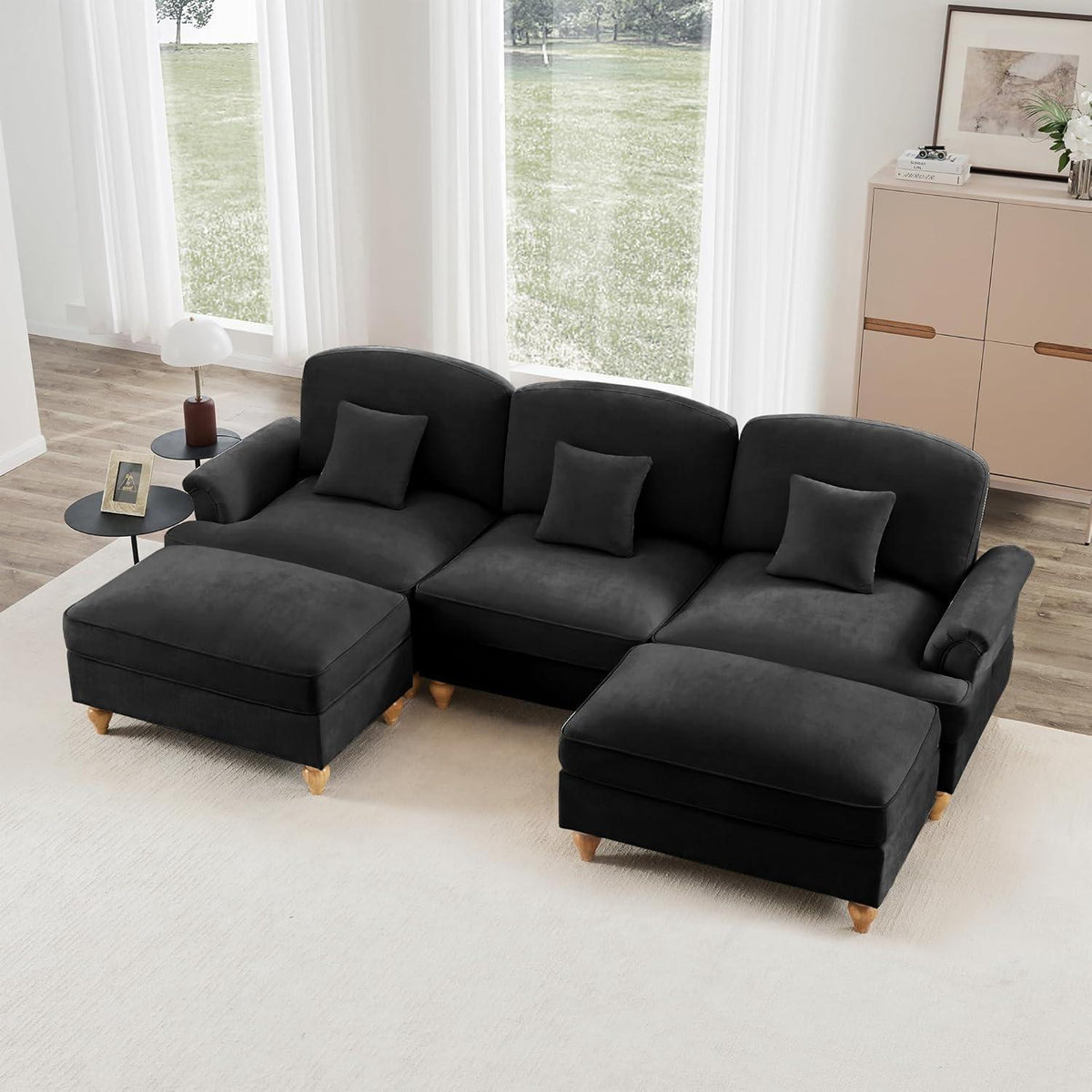 Mittelalter Ecksofa 3-Sitzer mit Ottomane & Rüschenschürze Schwarz