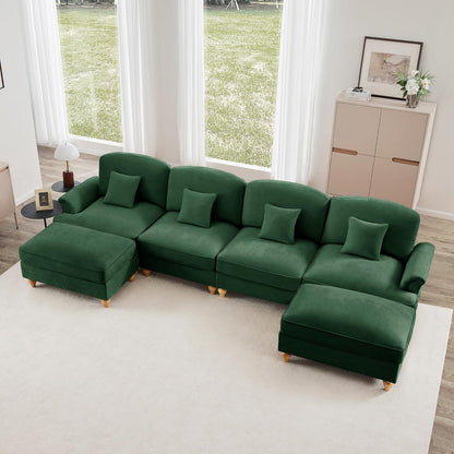 Mittelalter Ecksofa 4-Sitzer mit Ottomane & Rüschenschürze, Grün