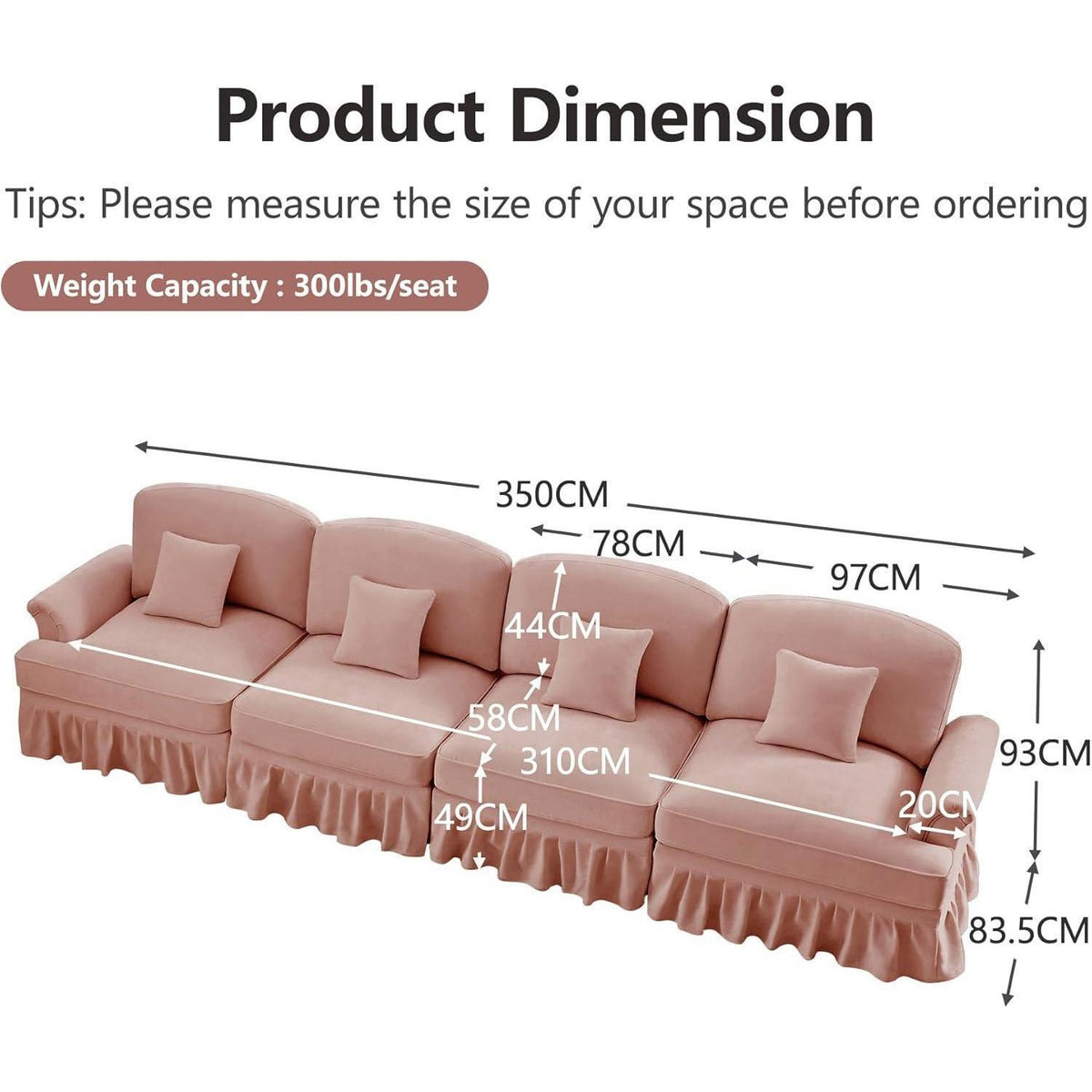 4-Sitzer Sofa Mittelalter-Modern Rosa mit Rüschenschürze & Kissen