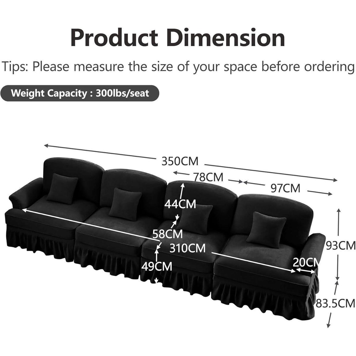 4-Sitzer Sofa Mittelalter-Modern Stil mit Rüschenschürze & Kissen Schwarz