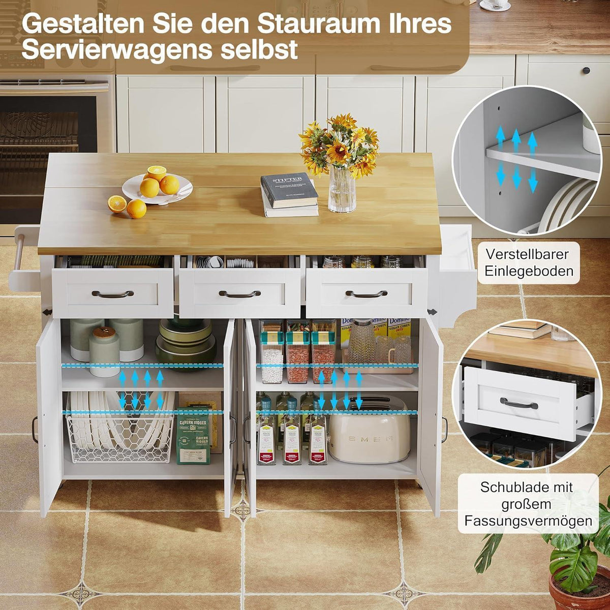 Klappbarer Küchenwagen mit Arbeitsplatte & Rollen – Weiß