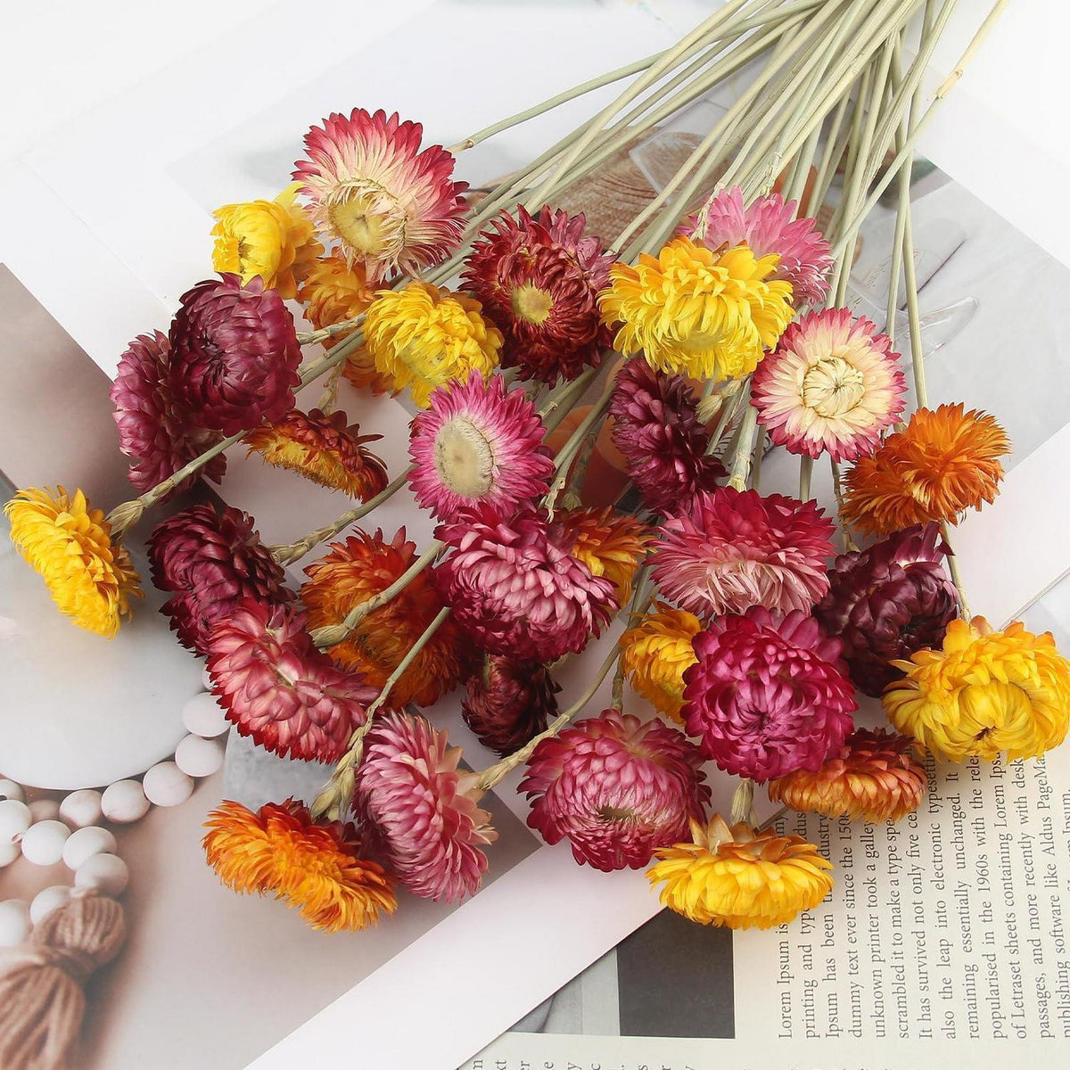 32 Trockenblumen Strauß | Natürliche Strohblumen Deko