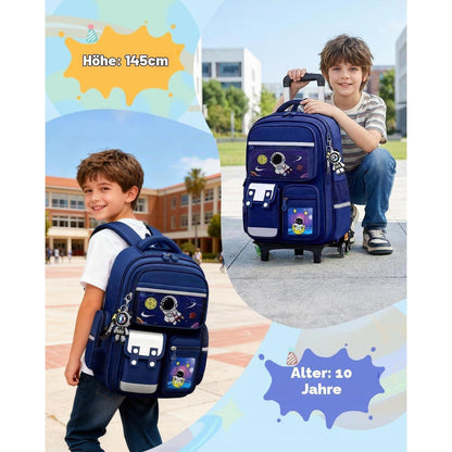 Schulranzen mit Rollen & Reflektoren, Blau – Astronaut Design für Jungen