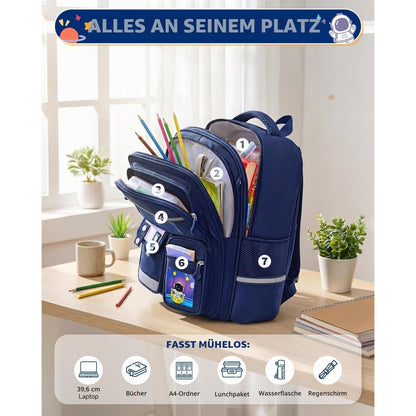 Schulranzen mit Rollen & Reflektoren, Blau – Astronaut Design für Jungen