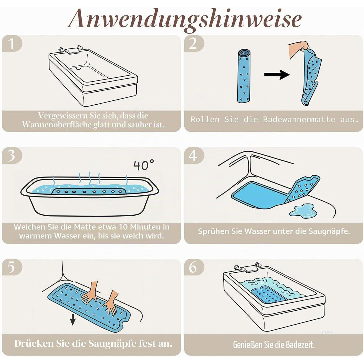 Rutschfeste Badewannenmatte mit Blättermotiv – 100 x 40 cm