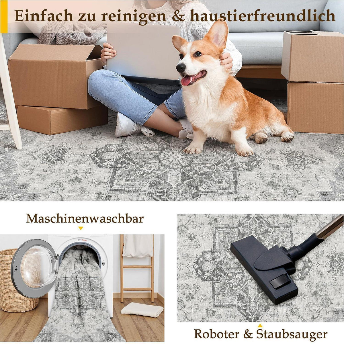 Vintage Teppich Grau 160x230cm Waschbar Rechteckig Wohnzimmer