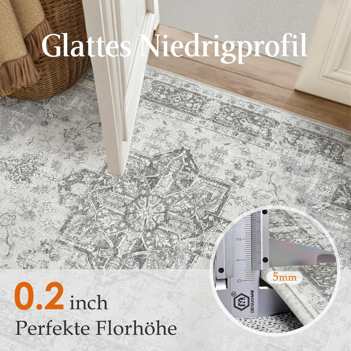 Vintage Teppich Grau 160x230cm Waschbar Rechteckig Wohnzimmer