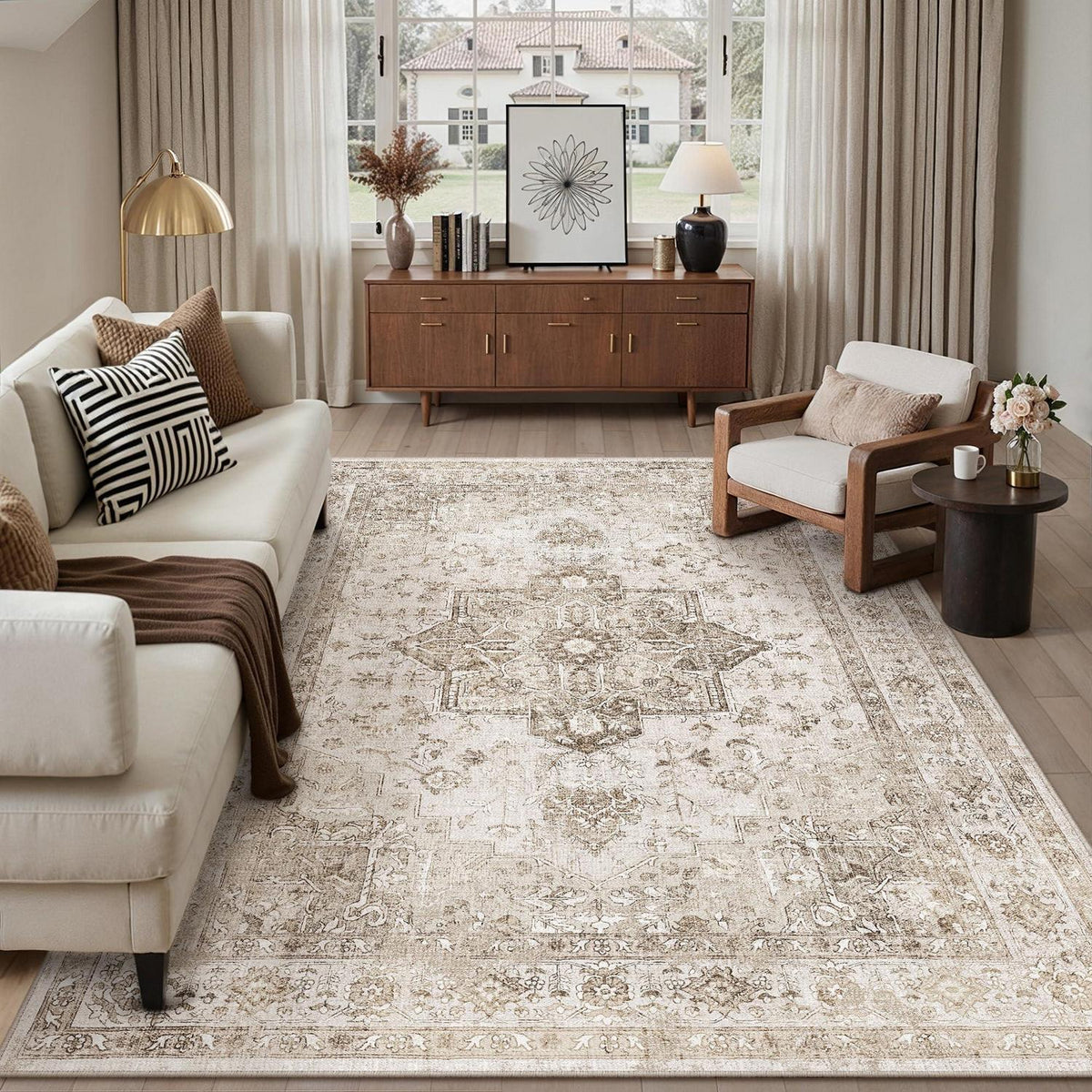 Vintage Teppich Beige 200x300cm Waschbar Rechteckig Wohnzimmer