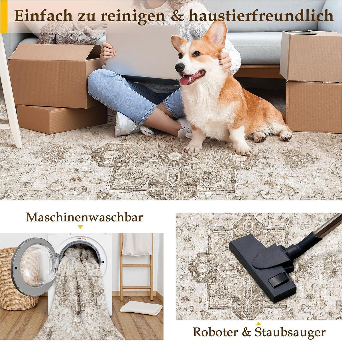Vintage Teppich Beige 300x400cm Waschbar Rechteckig Wohnzimmer