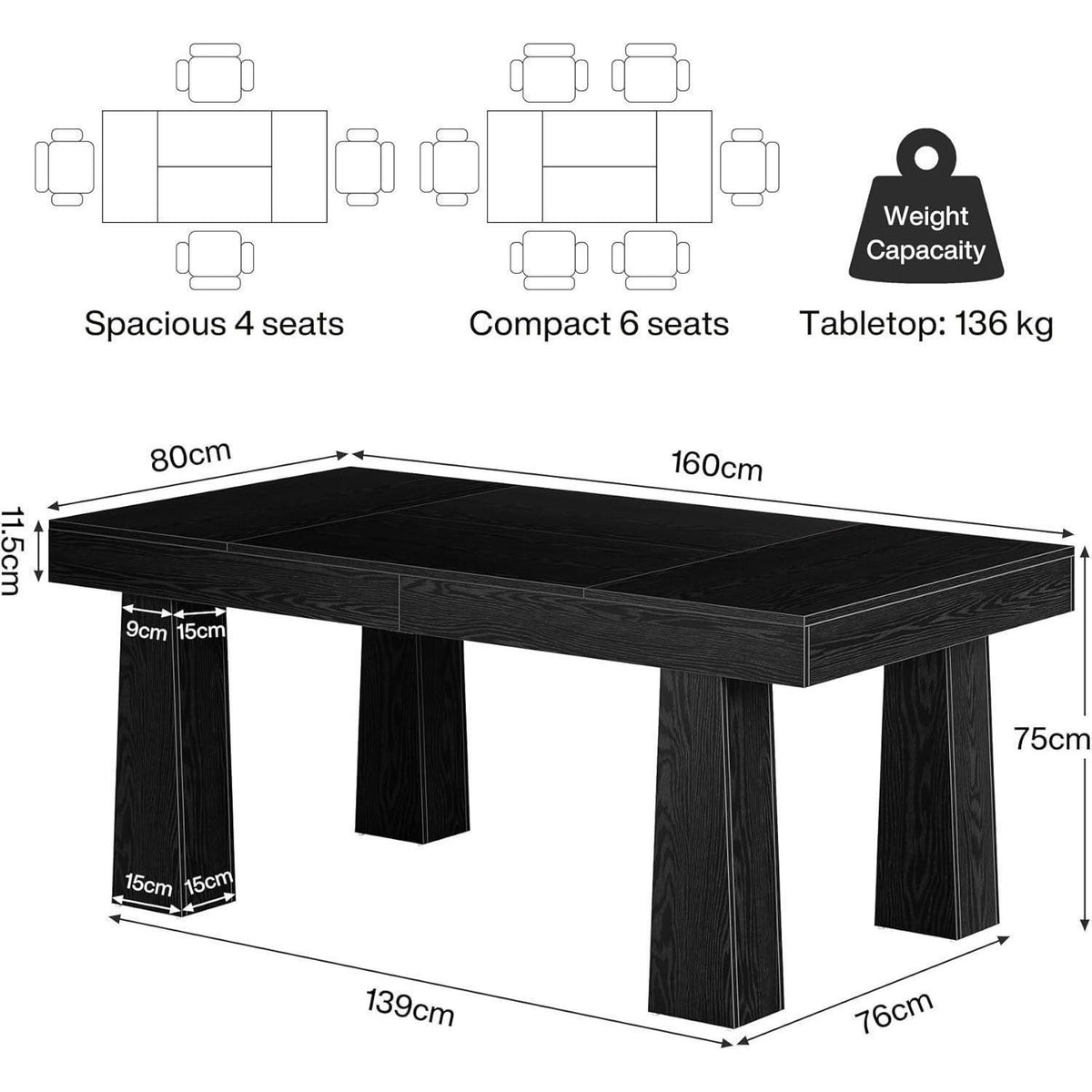 Moderner Esstisch 160x80 cm – Schwarzer Küchentisch für 4-6 Personen