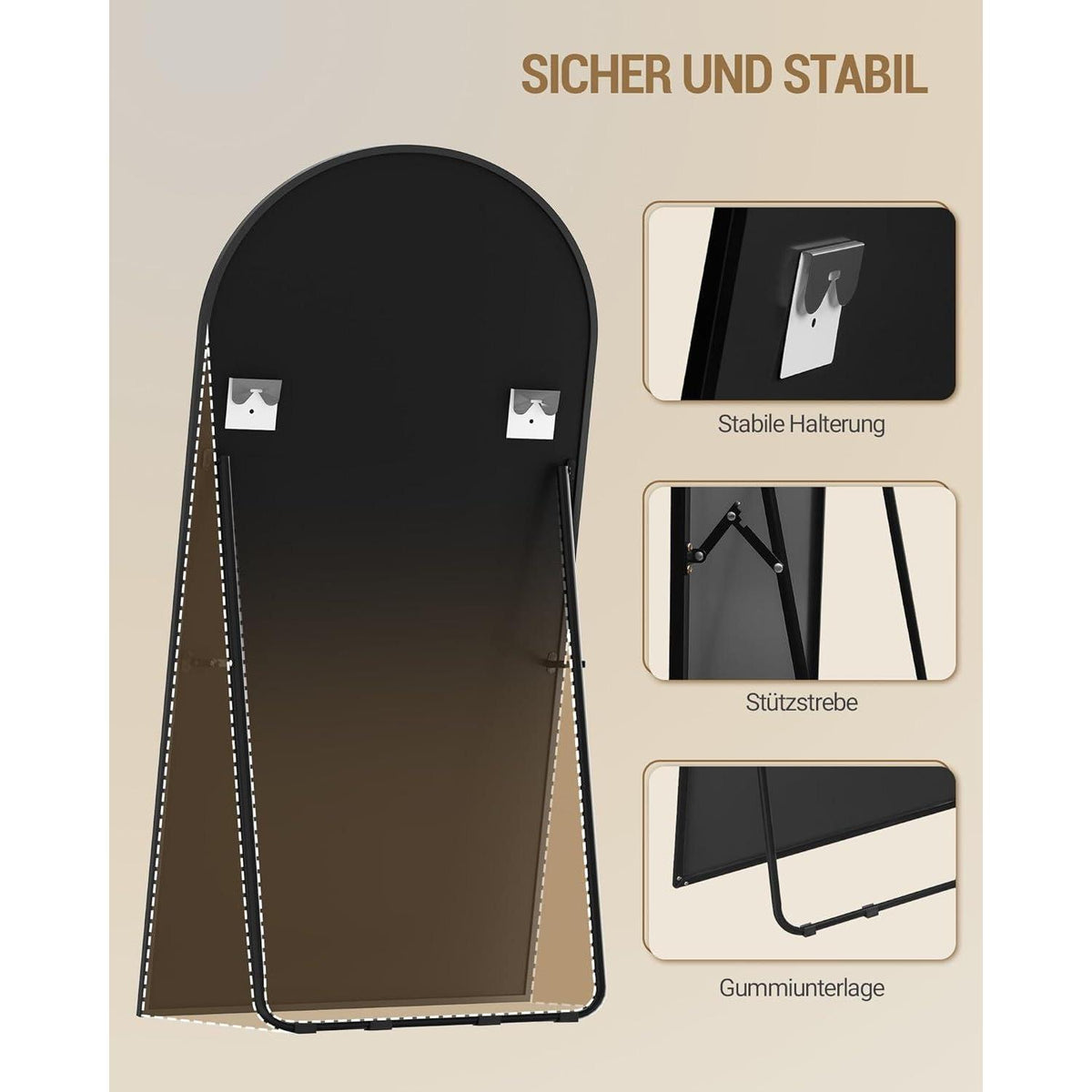 Ganzkörperspiegel Bogenförmig, 170x76cm, Schwarz – Stand- & Wandspiegel