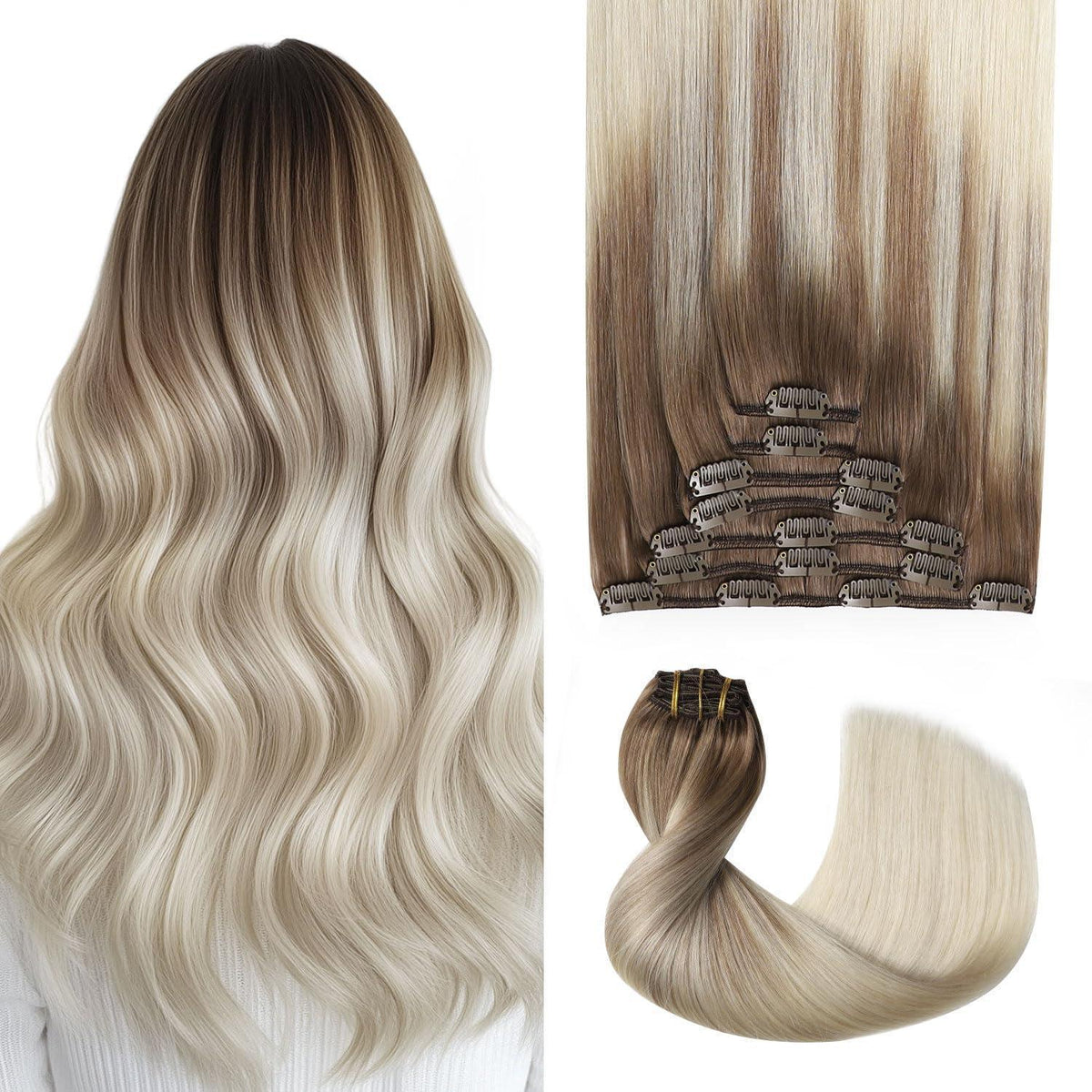 Clip-in Haarverlängerung Echthaar #8/60 Hellbraun-Blond 35cm