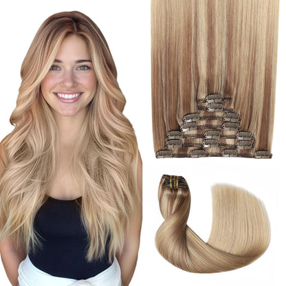 Clip-in Haarverlängerung Echthaar 50cm Hellbraun/Goldblond