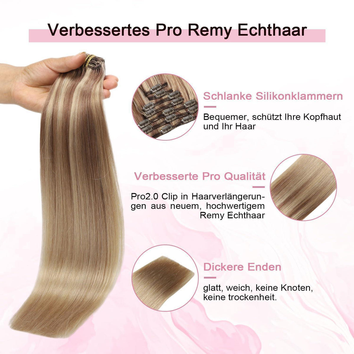 Clip-in Haarverlängerung Echthaar 50cm Hellbraun/Goldblond