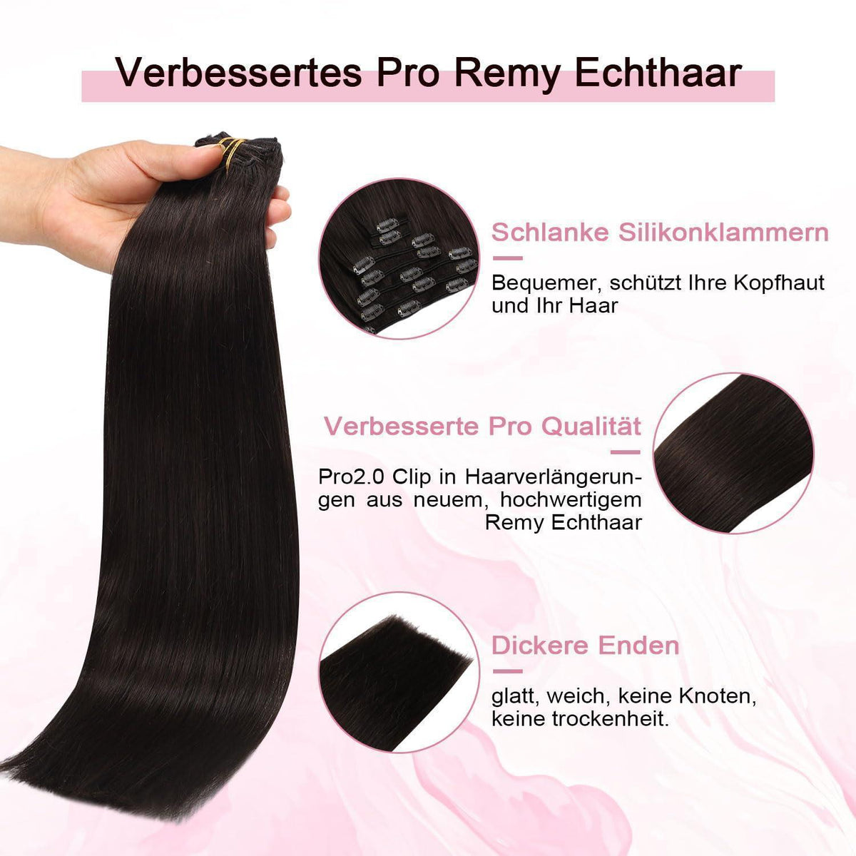 Echthaar Clip-Ins Dunkelbraun (#2) 55cm – 120g