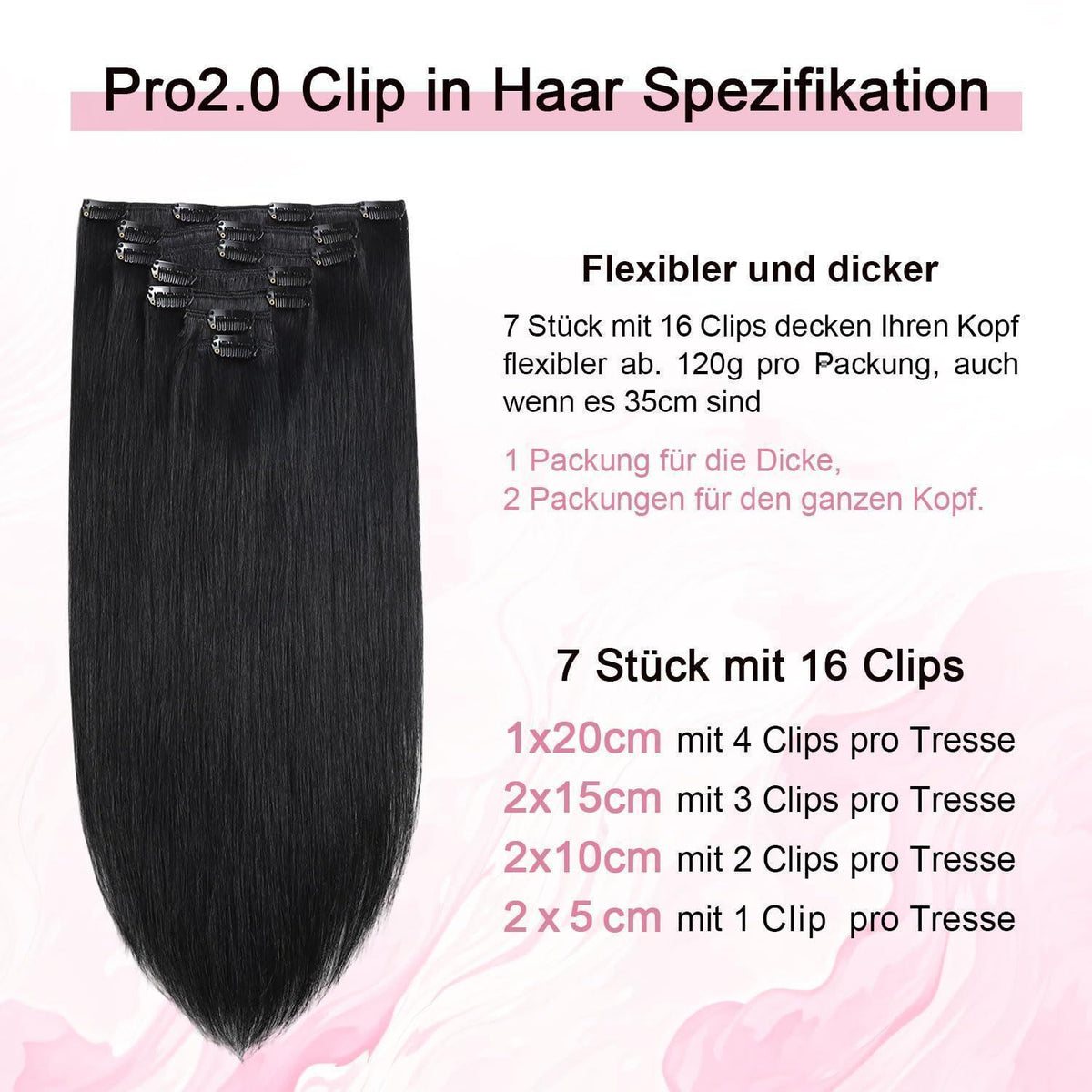 Remy Echthaar Clip-Ins #1 Tief Schwarz 40cm Haarverlängerung