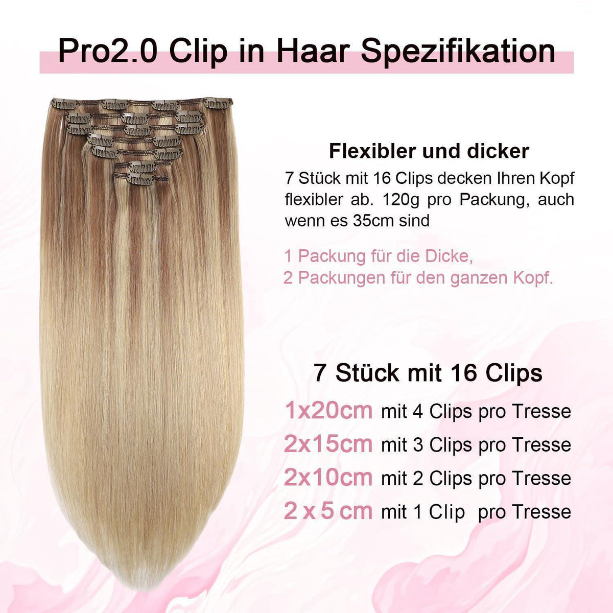 Clip-in Haarverlängerung Echthaar #10/16/16 Hellbraun mit Goldblond 35cm