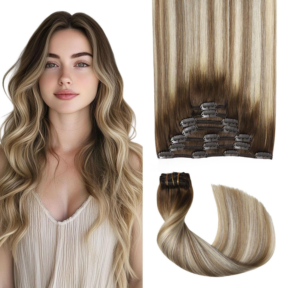 Clip-in Haarverlängerung Echthaar 55cm #3/8/22 Braun-Blond
