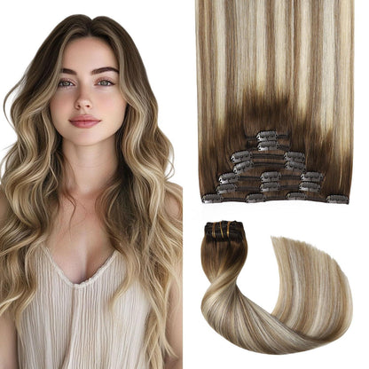 Clip-in Haarverlängerung Echthaar 55cm #3/8/22 Braun-Blond