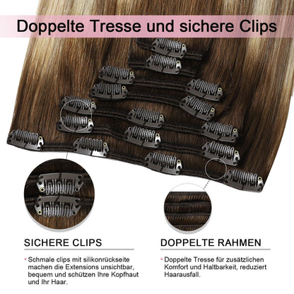 Clip-in Haarverlängerung Echthaar 55cm #3/8/22 Braun-Blond