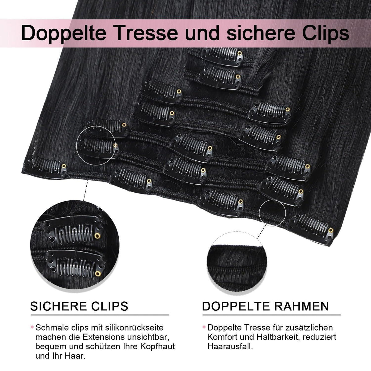 Clip-in Haarverlängerung Echthaar 50cm #1 Tief Schwarz