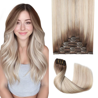 Remy Echthaar Clip-Ins Ombre Braun-Aschblond-Platinblond 40cm