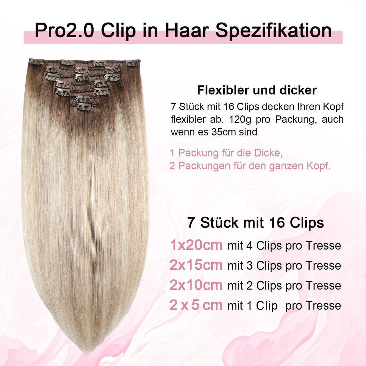 Remy Echthaar Clip-Ins Ombre Braun-Aschblond-Platinblond 40cm