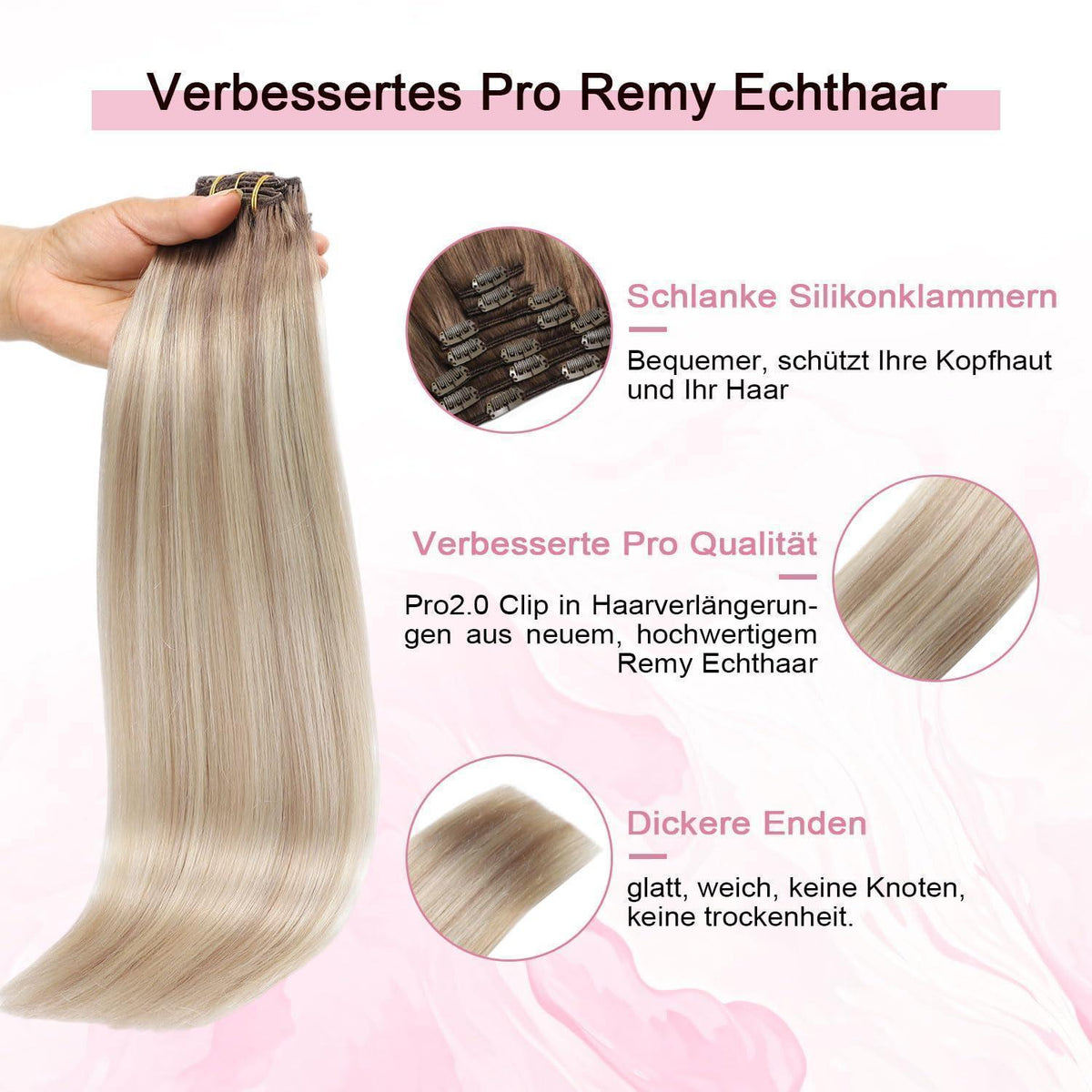 Remy Echthaar Clip-Ins Ombre Braun-Aschblond-Platinblond 40cm