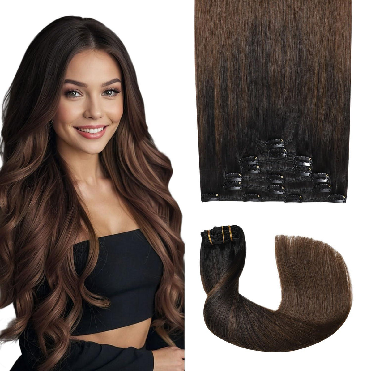 Remy Echthaar Clip-Ins #1BT4 – 40cm Natürliches Schwarzbraun