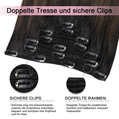 Remy Echthaar Clip-Ins #1BT4 – 40cm Natürliches Schwarzbraun