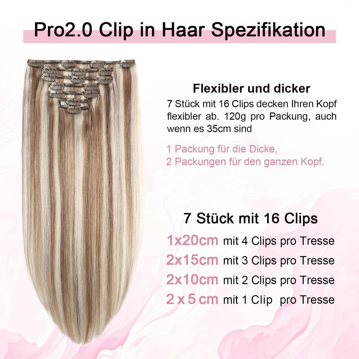 Clip-in Haarverlängerung Echthaar #8p60 Hellbraun mit Platinblond 35cm