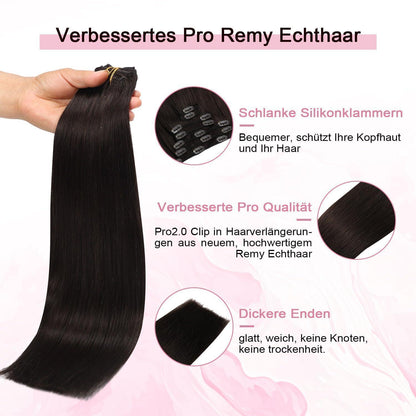 Clip-in Haarverlängerung Echthaar Dunkelbraun #2 – 50cm