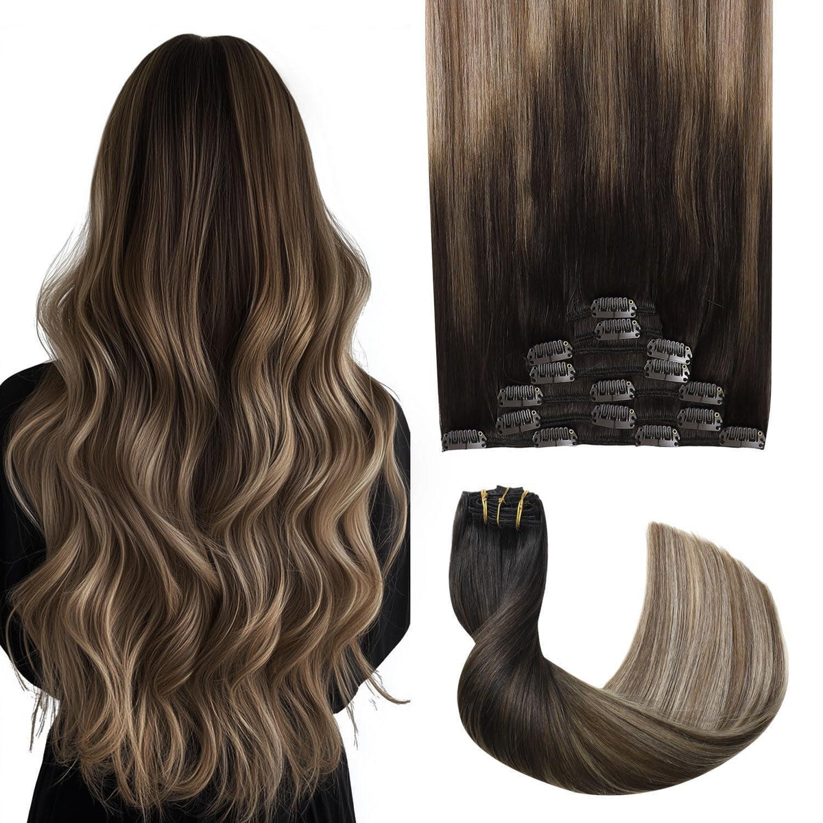 Clip-in Haarverlängerung Echthaar 50cm #1B/4/27 Balayage