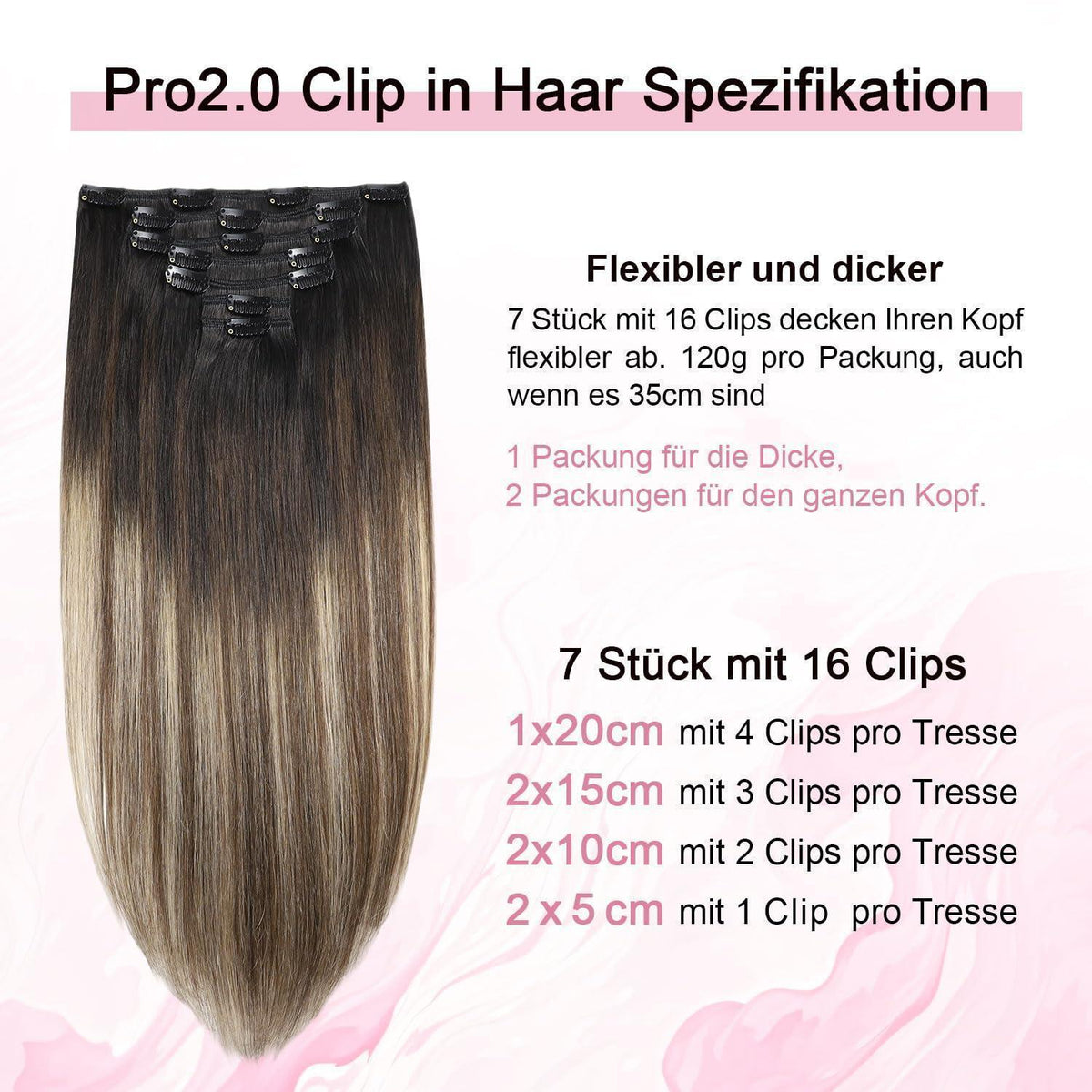 Clip-in Haarverlängerung Echthaar 50cm #1B/4/27 Balayage