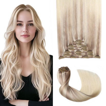 Clip-in Haarverlängerung Echthaar 50cm Aschblond bis Goldblond