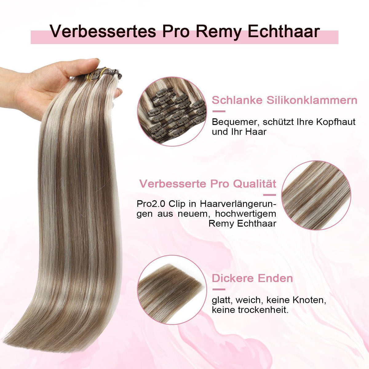 Clip-in Haarverlängerung Echthaar 55cm #8p60 Hellbraun
