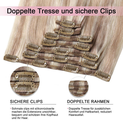 Remy Echthaar Clip-Ins #18/22/60 – Aschblond bis Platinblond, 40cm