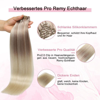 Remy Echthaar Clip-Ins #18/22/60 – Aschblond bis Platinblond, 40cm