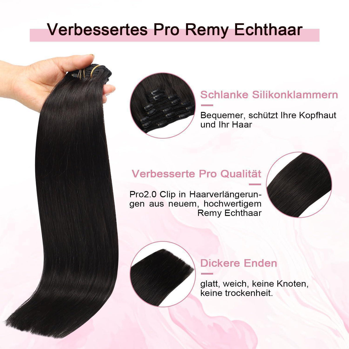 Remy Echthaar Clip-Ins #1B Schwarz 40cm – 7-tlg. Haarverlängerung
