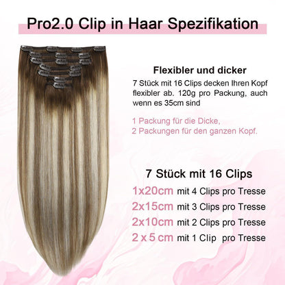 Remy Echthaar Clip-Ins #3/8/22 – Walnuss Braun bis Hellblond, 40cm