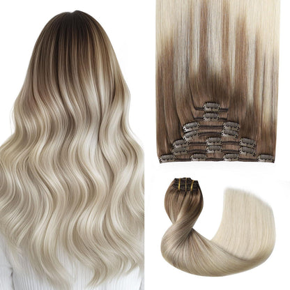 Clip-in Haarverlängerung Echthaar 55cm #8/60 Hellbraun-Blond