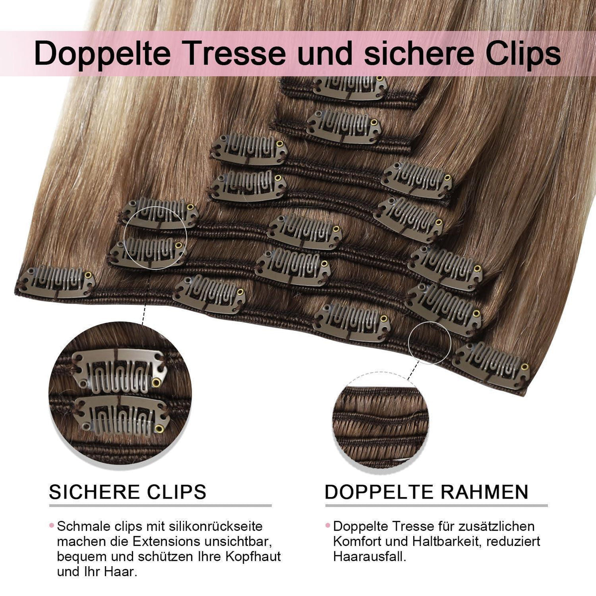 Remy Echthaar Clip-Ins #8/60 Hellbraun-Platinblond 40cm