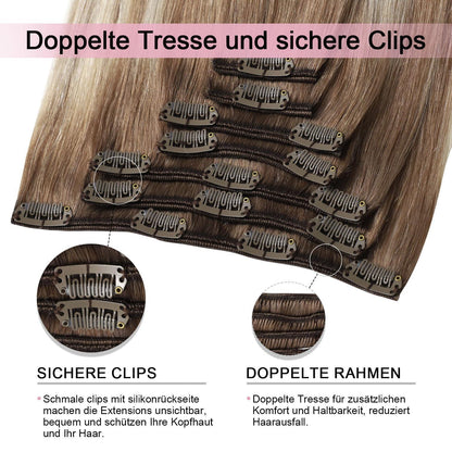 Remy Echthaar Clip-Ins #8/60 Hellbraun-Platinblond 40cm