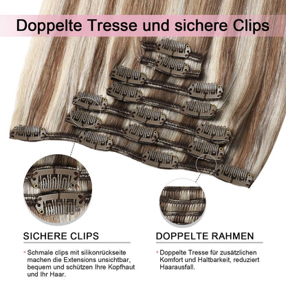 Clip-in Haarverlängerung Echthaar 50cm #8p60 Hellbraun Blond