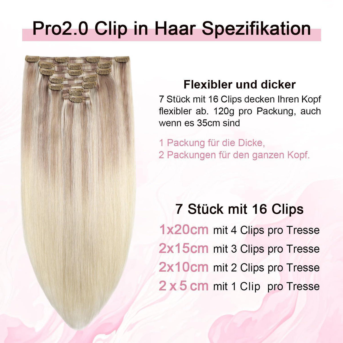 Clip-in Haarverlängerung Echthaar 55cm Aschblond bis Goldblond